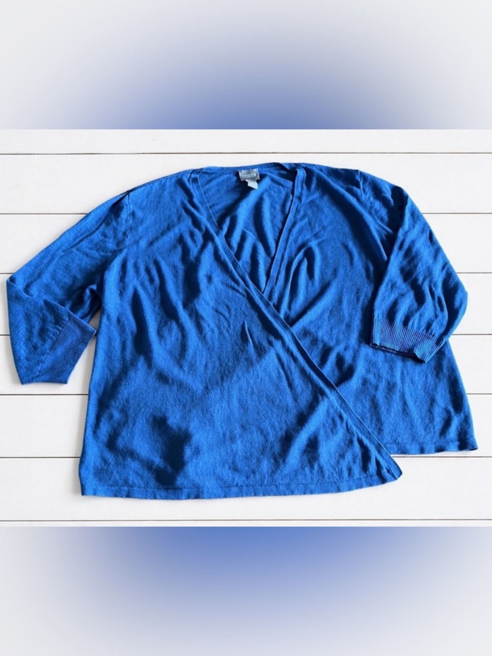 Chicos Open Front 3/4 Sleeve Lightweight Cardigan Sweater Women Size 3 Blue